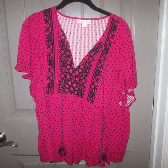 Women Knox Rose AL Pink /Black Top, SS, "V" Neck Opening w/Tassel Tie - Picture 1 of 8